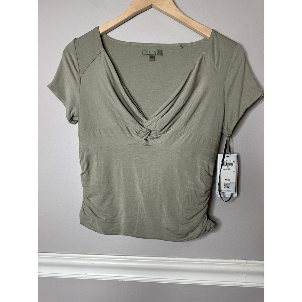 Guess Women's Top Taupe Sz Medium‎ Juniors Y2K Rouging Cap Sleeves Glam Logo